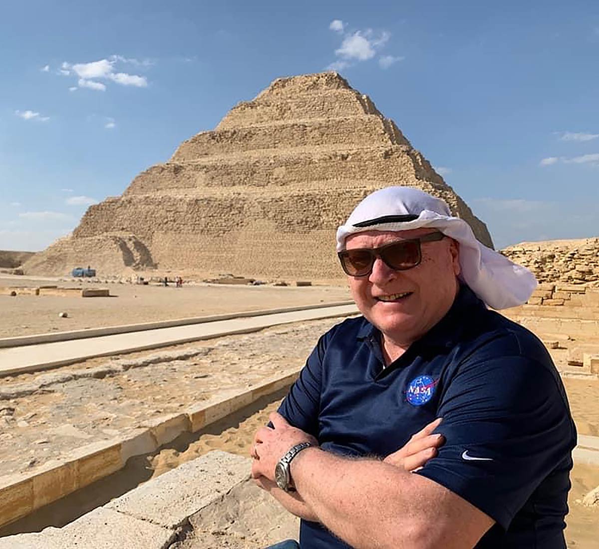 Dan Aug at the Step Pyramid of Djoser in Saqqara, Egypt, during research connected with Dream of a Night in Giza