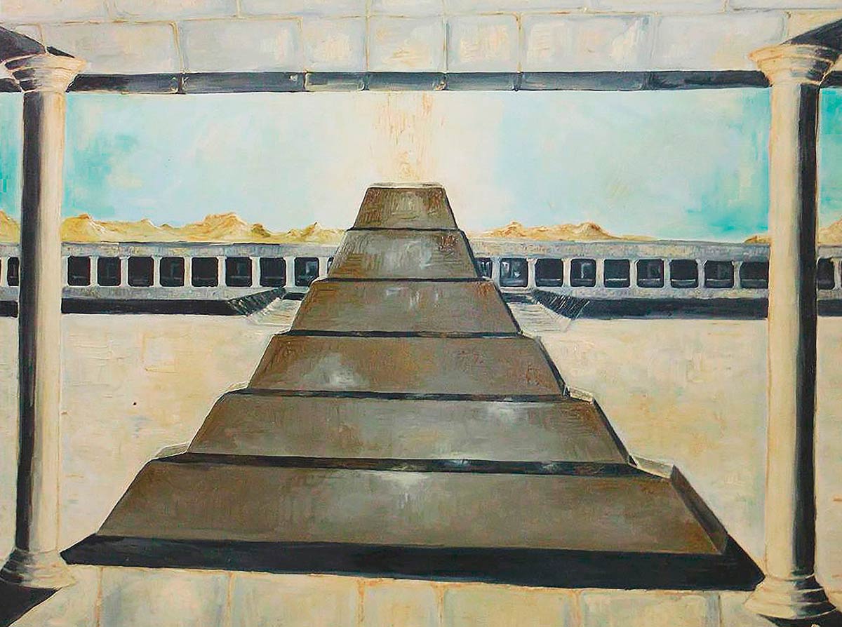 Imhotep Masterpiece (2004) by Dan Aug, oil on canvas painting inspired by the Step Pyramid of Djoser and Imhotep at Saqqara